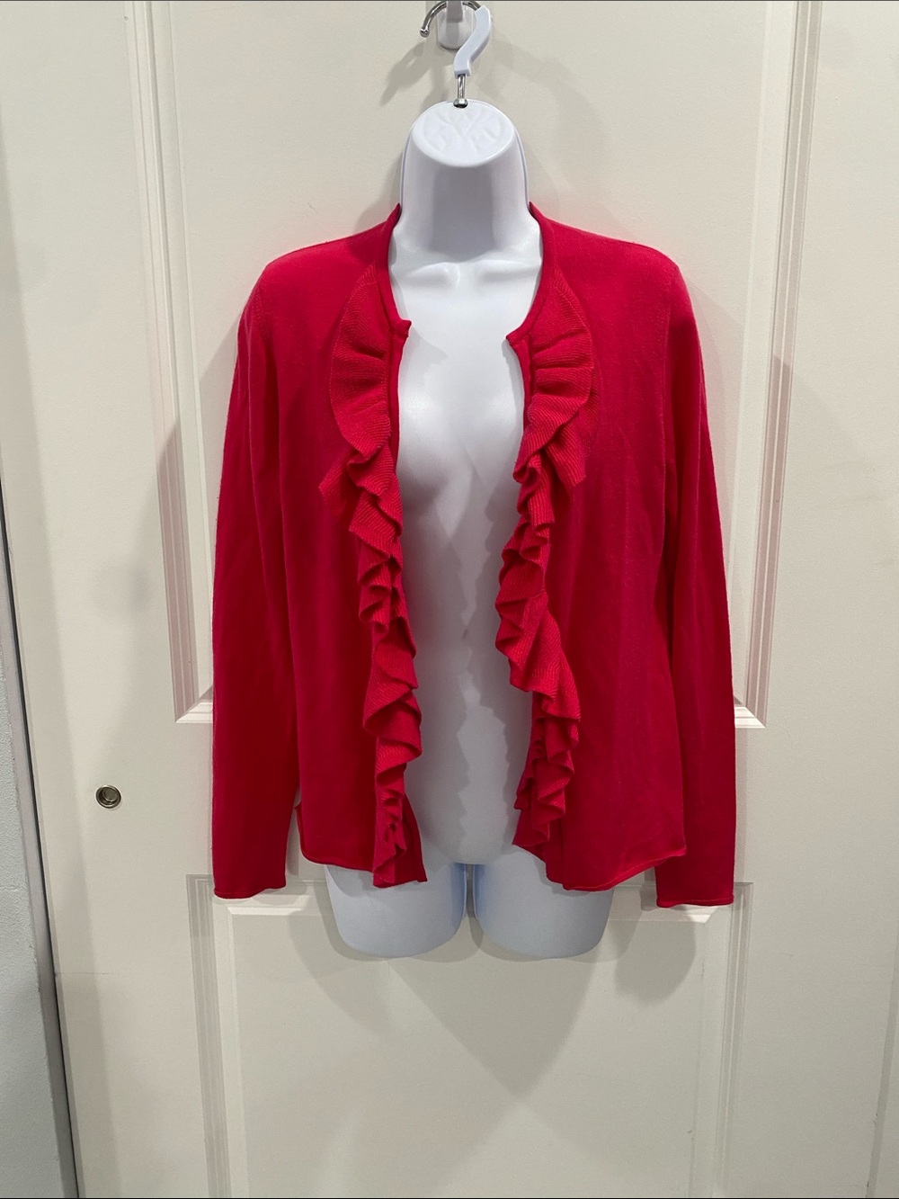 Tory Burch Pink Ruffle Open Front Cardigan Merino Wool Size Small - Picture 6 of 14